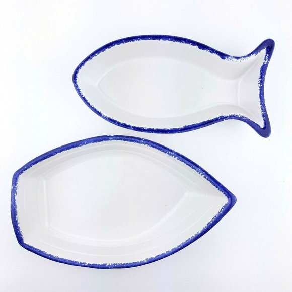 Fish Boat Shaped White Blue Ceramic Serving Dishes Made In Portugal Set Of 2 - Picture 1 of 12